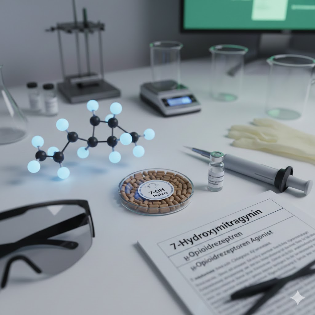 Einblick: Auf diesem Bild sind 7-Hydroxymitragynin Pellets erkennbar, mit welchen geforscht wird. Auf einem Dokument wird protokolliert, wie die Substanz reagiert.